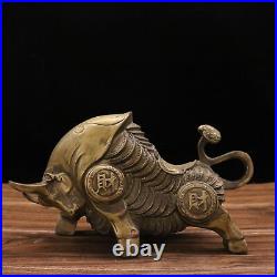 11.4 Collection Chinese Bronze Animal Ox Money Drawing Gold Coin Statue