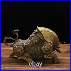 11.4 Collection Chinese Bronze Animal Ox Money Drawing Gold Coin Statue