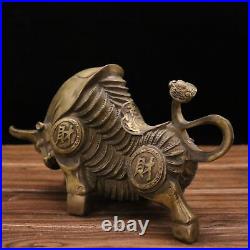 11.4 Collection Chinese Bronze Animal Ox Money Drawing Gold Coin Statue