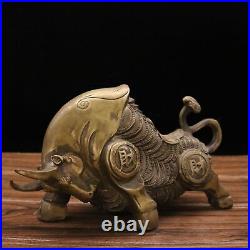 11.4 Collection Chinese Bronze Animal Ox Money Drawing Gold Coin Statue