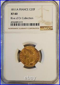 1811-A France Gold 20 French Francs Napoleon Rive d' Or Collection NGC XF40