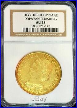 1833 Ur Gold Colombia 8 Escudos Eliasberg Collection Ngc Au 58 Popayan Mint