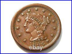 1854 AU Braided Hair Liberty Head Large Cent, Nice Higher Grade Coin to collect