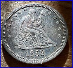 1858 Antique Seated Liberty 90% Silver Quarter 25c Collectible Coin CHOICE AU+