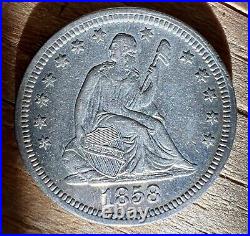 1858 Antique Seated Liberty 90% Silver Quarter 25c Collectible Coin CHOICE AU+