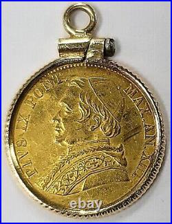 1858 R ITALY PAPAL STATES 1 SCUDO GOLD Coin & 14k Bezel Catholic Pope Pius IX