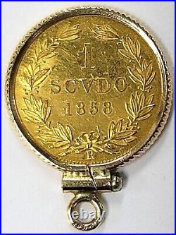 1858 R ITALY PAPAL STATES 1 SCUDO GOLD Coin & 14k Bezel Catholic Pope Pius IX