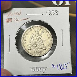 1858 Seated Quarter Silver Coin Collection Details AU