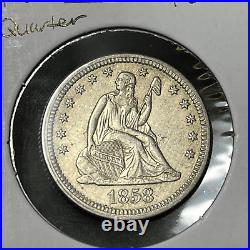 1858 Seated Quarter Silver Coin Collection Details AU