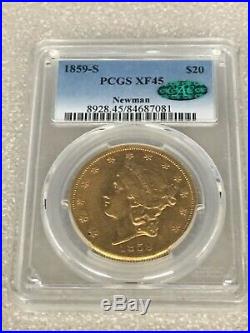 1859-S XF45 PCGS CAC Liberty Double Eagle Type 1 $20 Gold Coin Newman Collection