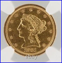 1861-S Quarter Eagle NGC AU58 $2.5 Civil War Era San Francisco Minted Gold Coin