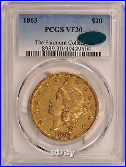 1863 $20 Liberty Gold Double Eagle Coin PCGS VF30 CAC Fairmont Collection