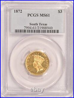 1872 $3 Indian Princess Gold Coin PCGS MS61 Pre-1933 Ex-South Texas Collection