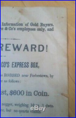 1875 Authentic Reward Wanted Poster WELLS FARGO Stage Coach Robbery Gold & Coins