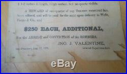 1875 Authentic Reward Wanted Poster WELLS FARGO Stage Coach Robbery Gold & Coins