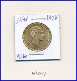 1878 Spain Gold Coin rare collectibles graded MS 60 coin 25 Pesetas