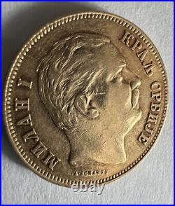 1882-V Serbia ANTIQUE GOLD COLLECTIBLE COIN 20 Dinara God Protect Serbia