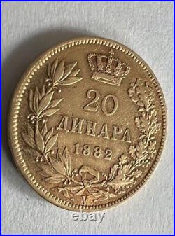 1882-V Serbia ANTIQUE GOLD COLLECTIBLE COIN 20 Dinara God Protect Serbia
