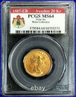 1887 Eb Gold Sweden 20 Kronor Coin Oscar II Pcgs Mint State 64 Weiss Collection