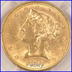 1891 $5 Liberty Gold Half-Eagle Coin PCGS MS64 CAC Sticker Fairmont Collection