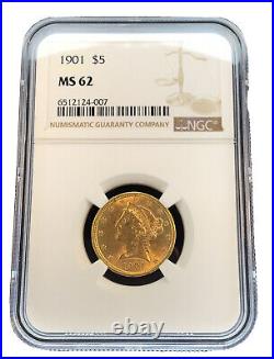 1901 Liberty Head Half Eagle $5 Gold Ngc Ms62 Brilliant And Collectible Coin