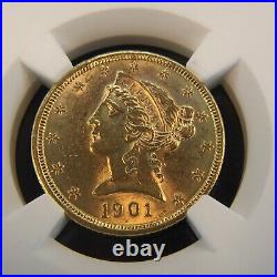 1901 Liberty Head Half Eagle $5 Gold Ngc Ms62 Brilliant And Collectible Coin