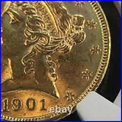 1901 Liberty Head Half Eagle $5 Gold Ngc Ms62 Brilliant And Collectible Coin