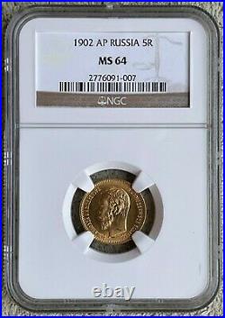 1902 Ms-64 Gold Coin 5 Roubles Graded Ngc Rubles Russian Imperial Antique Russia