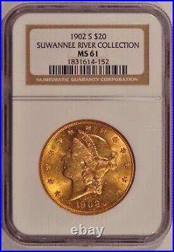 1902-S $20 Gold Double Eagle Coin NGC MS61 Suwannee River Collection Pre-33 Gold