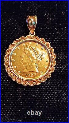 1907 D 5 gold coin On 14k Pendant From The Bo Gater Collection
