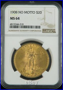 1908 Saint-Gaudens $20 Gold Double Eagle (No Motto) Coin NGC MS64