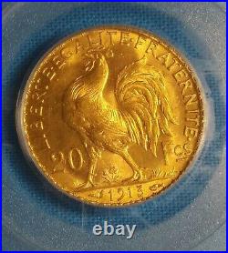 1913 20 French Franc Gold Rooster Coin. 2005 David Hall Collection Very Rare Gem