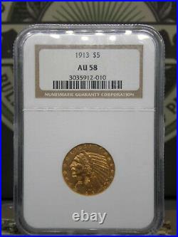 1913 $5 INDIAN Head GOLD Half Eagle NGC AU58 #010 East Coast Coin & Collectables