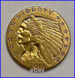 1914 U. S. $2.50 2 1/2 Gold Indian Head Liberty Eagle Collectible Coin D Denver