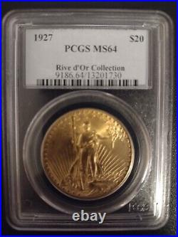 1927 $20 gold coin, 1 oz, Walking Liberty, PCGS MS64, Rive d'Or Collection