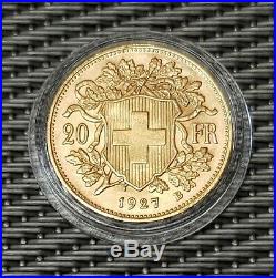 1927 B Switzerland 20 franc Gold coin, Helvetia, Swiss, High grade aUnc