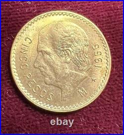 1955 Cinco Pesos Mexico Vintage Gold Collectible Coin 0.1206 Oz Gold 0.900 Fine
