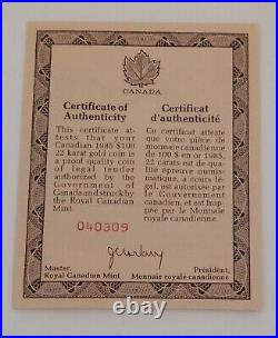 1985 Canadian $100 22 Karat Gold Coin Proof Quality from the Royal Canadian Mint