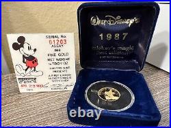 1987 Disney First Edition Mickey's Magic Good Luck Coin 1/4 oz. 999 Fine GOLD