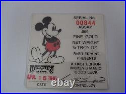 1987 Disney First Edition Mickey's Magic Good Luck Coin 1/4 oz. 999 Fine GOLD