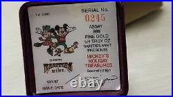 1987 Disney Mickey's Holiday Treasures 1/4 oz. Gold. 999 Coin WithCOA As Shown