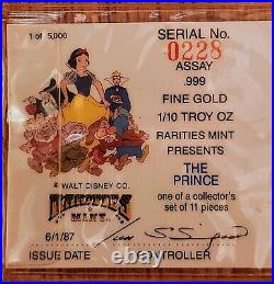 1987 THE PRINCE. 999 1/10 Troy Oz Fine Gold Snow White 50th Anniversary