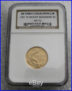 1991 USA $5 Gold Coin, Vault Collection W Mount Rushmore Ms70 Rare 1/2 Eagle