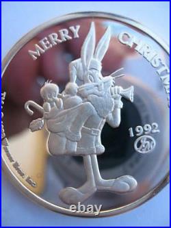 1-oz. Pure Silver Rare # 28 Bugs Bunny 1992 Limited Edition Christmas Coin+gold