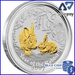 2011 $1 YEAR OF THE RABBIT 1oz SILVER GILDED COIN