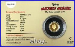 2016 Gold Disney Mickey Mouse Band Concert. 5 Gram Niue $2.5 Proof Coin In Card