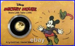 2016 Gold Disney Mickey Mouse Brave Little Tailor. 5 Gram Niue $2.5 Proof Coin