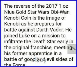 2017 Star Wars 1 oz. Pure Gold Obi-Wan Kenobi Bullion PF Grade Coin. (COA + Box)