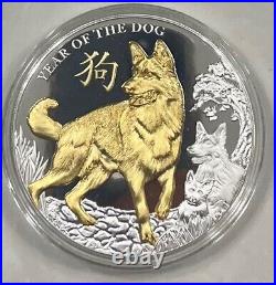 2018 Niue $8 YEAR OF THE DOG 5 Oz Proof Gilded Silver Mintage 500