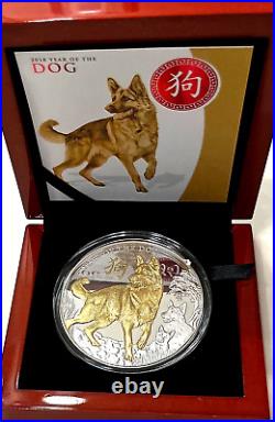 2018 Niue $8 YEAR OF THE DOG 5 Oz Proof Gilded Silver Mintage 500